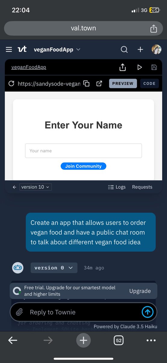 Sandysode1's tweet photo. Learnt about townie ai today and I prompted it to create an app that allows users order vegan food. #ALX_AiSK https://t.co/qB48yzdPMv
