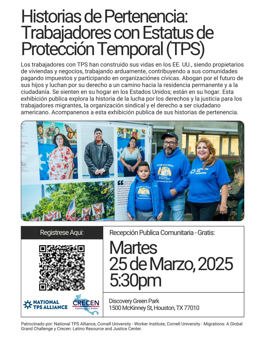 DrCamposMedina's tweet photo. TX: “TPS Stories of Belonging” exhibit is open in Houston TX today at Discovery Green Park. Join me to learn more: 1.2 million workers have TPS. #SaveTPS Onward! ✊🏽@LCLAA @AFLCIO @TexasAFLCIO @TPS_Alliance @CornellMig @cornellilr @workerinstitute https://t.co/8x4EslMwFt