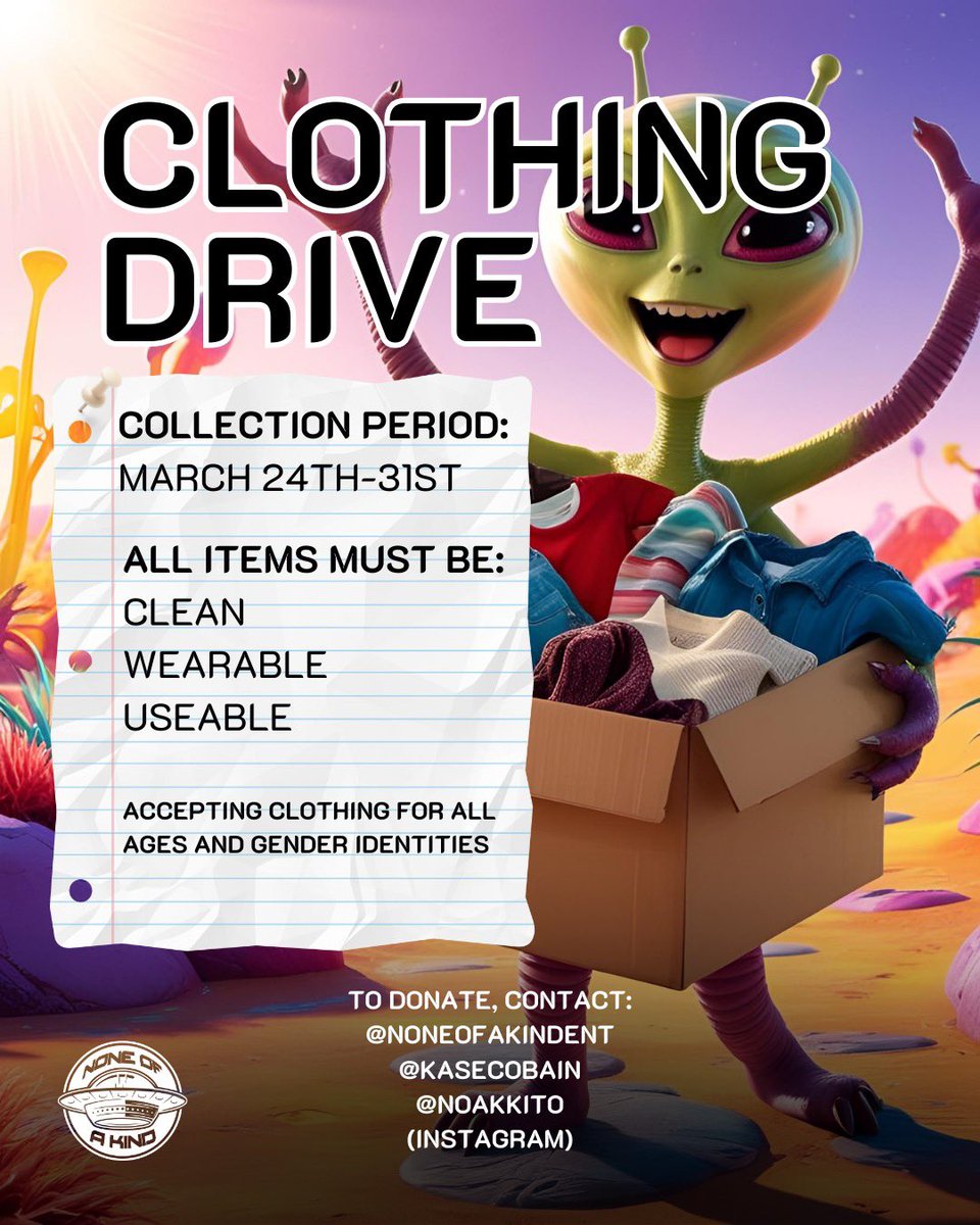 2025 SPRING CLEANING CLOTHING DRIVE 

WE’LL BE ACCEPTING DONATIONS BETWEEN MARCH 24th - MARCH 31st

TO DONATE CONTACT ME OR <a href="/noakkito/">Kito</a>