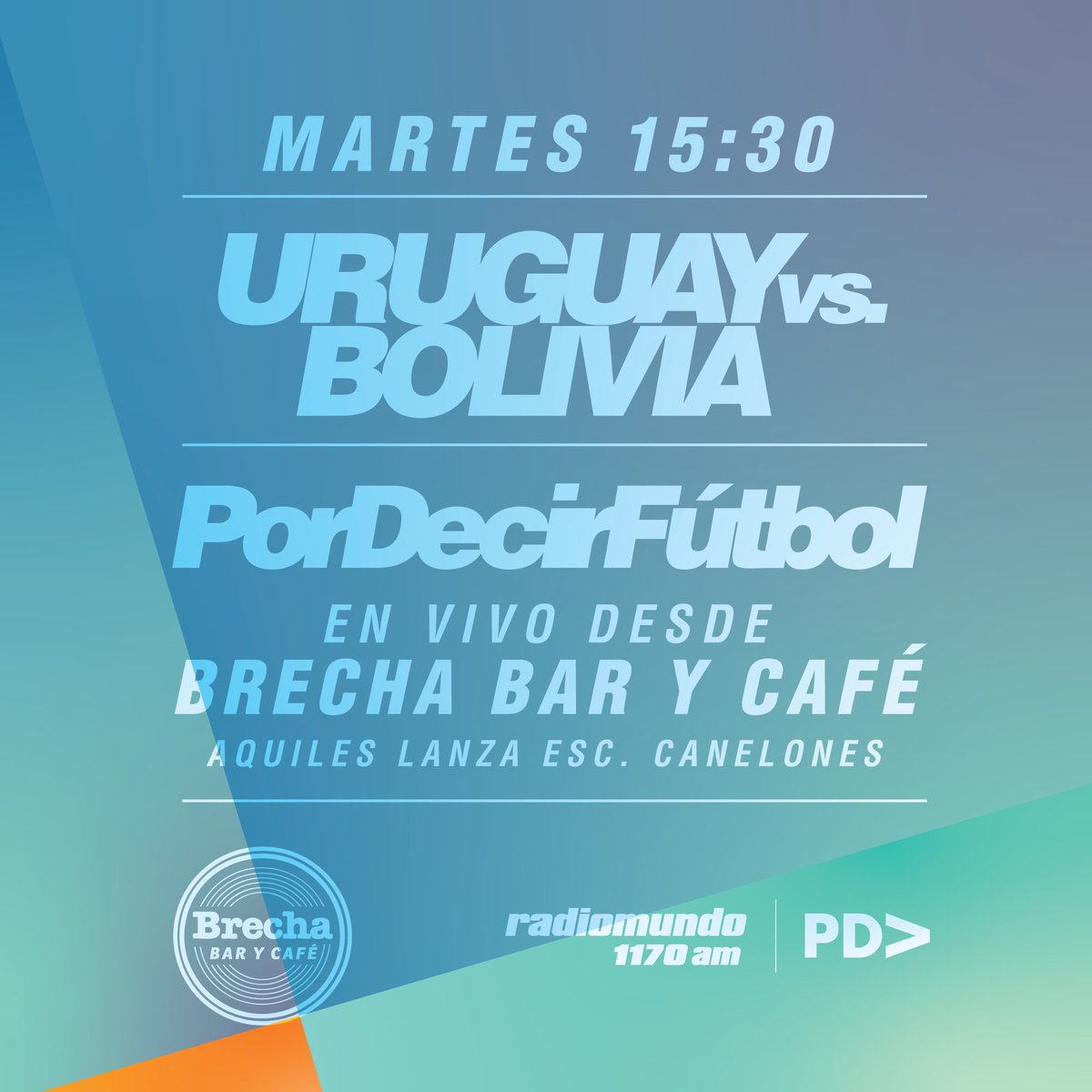 ⚽️ + 📻 + 🍺
🤝 Este martes hay Por Decir Fútbol en vivo desde Brecha Bar y Café 
🇺🇾 Relatamos Uruguay vs. Bolivia por la Eliminatoria 
⏰ Desde las 15:30
🎧 En Radiomundo 1170 Am
📺  Y también por YouTube