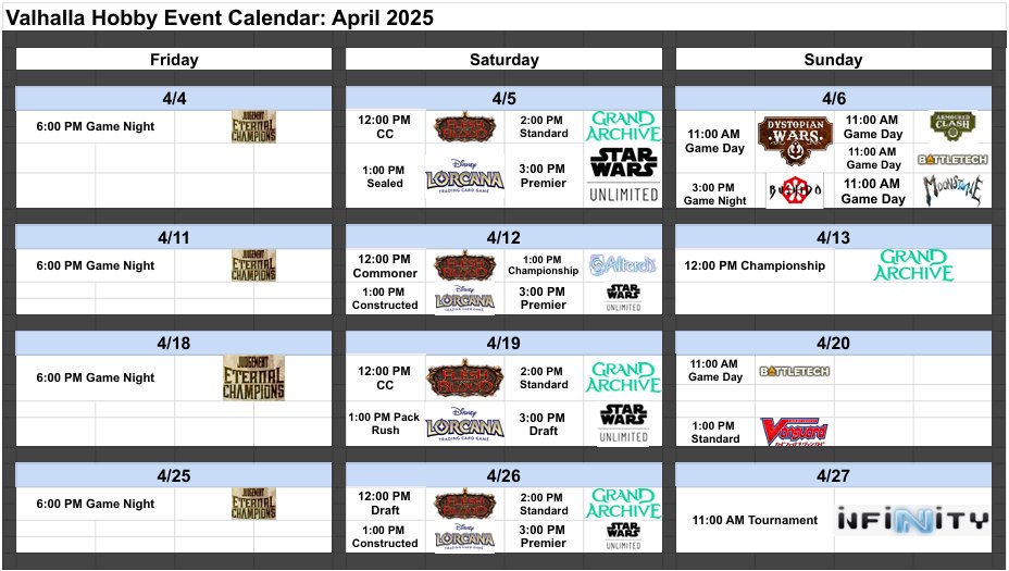 The Valhalla Hobby April Event Calendar is up!