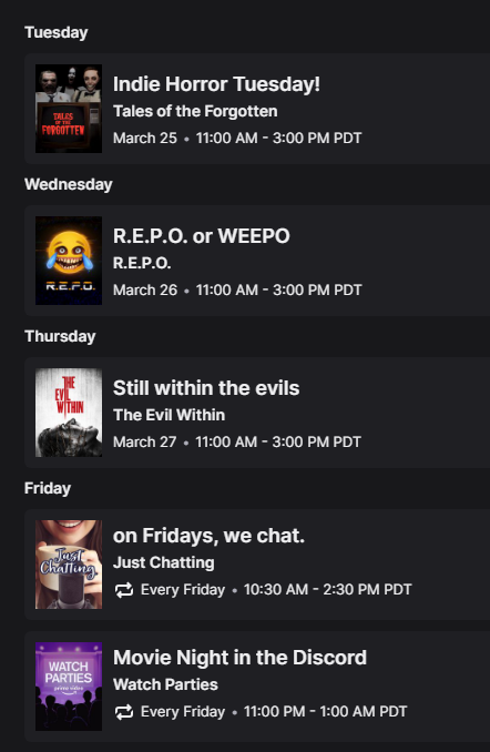 MsFelonyRose's tweet photo. Schedule this week! Find me on Twitch!
Checking out 'Tales of The Forgotten' from Dead Possum Games and then 'The Unholy Priest' from @GrejuvaGames tomorrow!
always looking forward to horror!
#talesoftheforgotten #theunholypriest #indiegames #indiehorror #horrordevs #scary https://t.co/6VgFSQKmac