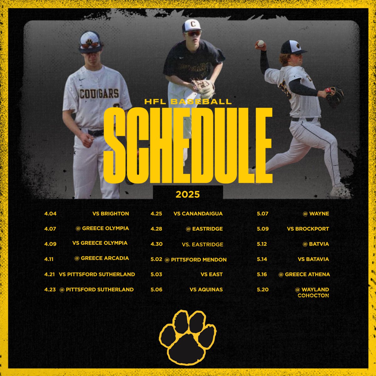 The schedule for your 2025 HF-L Cougars Varsity Baseball team!