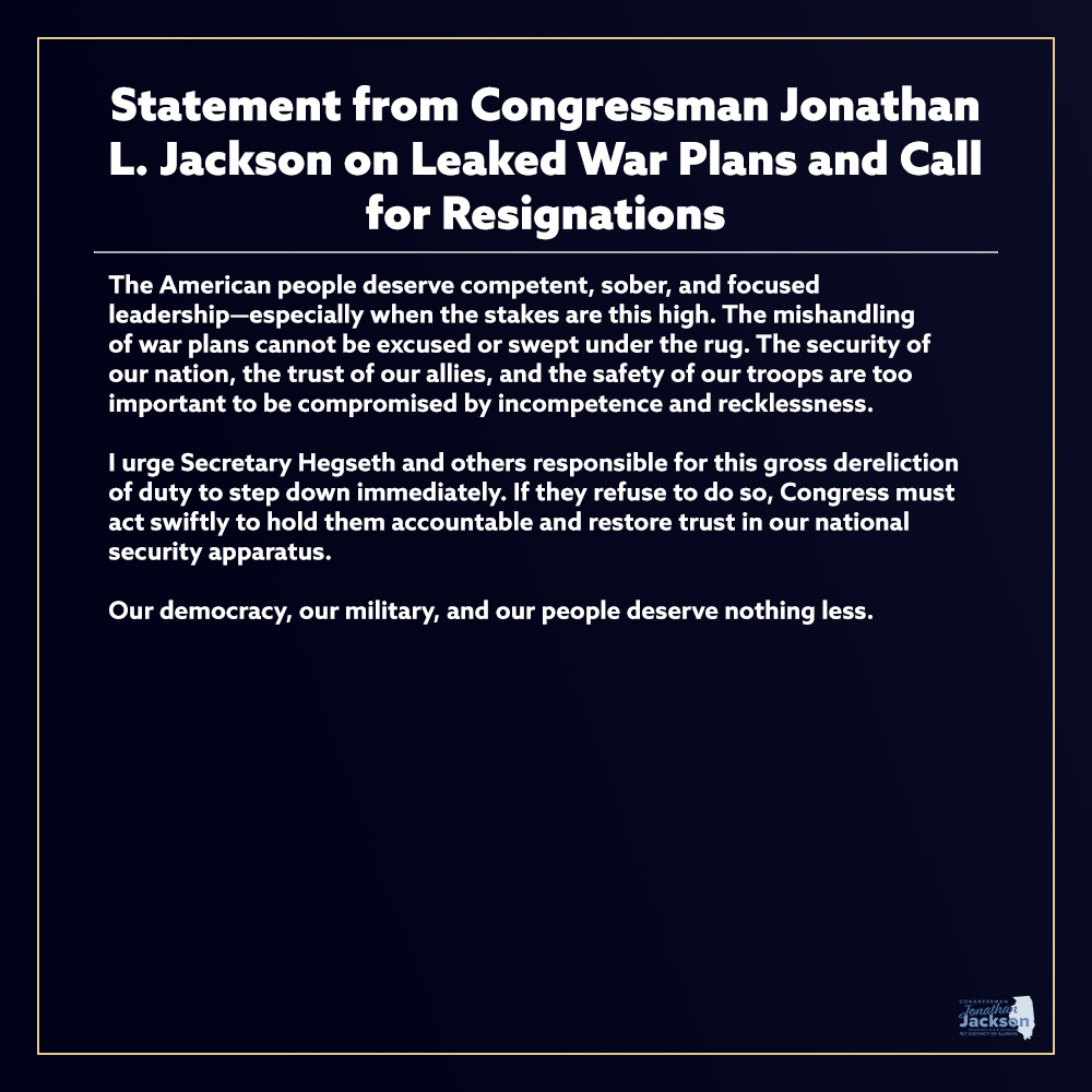 rep_jackson's tweet photo. The incompetence on display from our Secretary of Defense is unacceptable. It's time for the Trump administration to put their money where their mouth is and show us they know how to hire based on merit like they claim.

My full statement: https://t.co/EwRh4boxL0