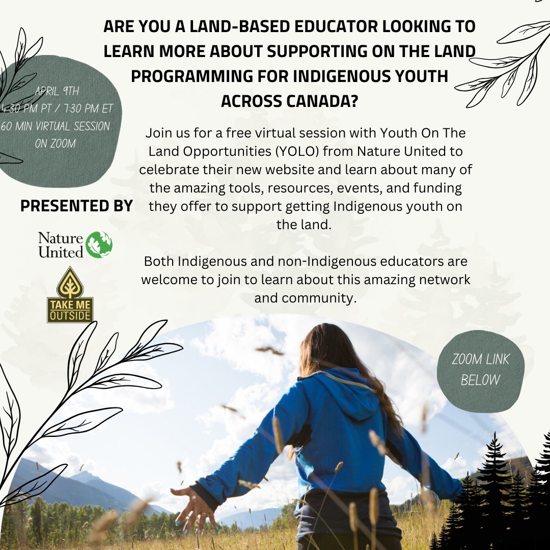 Take Me Outside (@takemeoutside) on Twitter photo Join us for a free session with Youth on The Land Opportunities (YOLO) from <a href="/natureunited_ca/">Nature United</a> ! Explore resources, events & funding to support Indigenous youth on the land. Open to all educators!
🔗 Register: us06web.zoom.us/meeting/regist… Join us for a free session with Youth on The Land Opportunities (YOLO) from <a href="/natureunited_ca/">Nature United</a> ! Explore resources, events & funding to support Indigenous youth on the land. Open to all educators!
🔗 Register: us06web.zoom.us/meeting/regist…