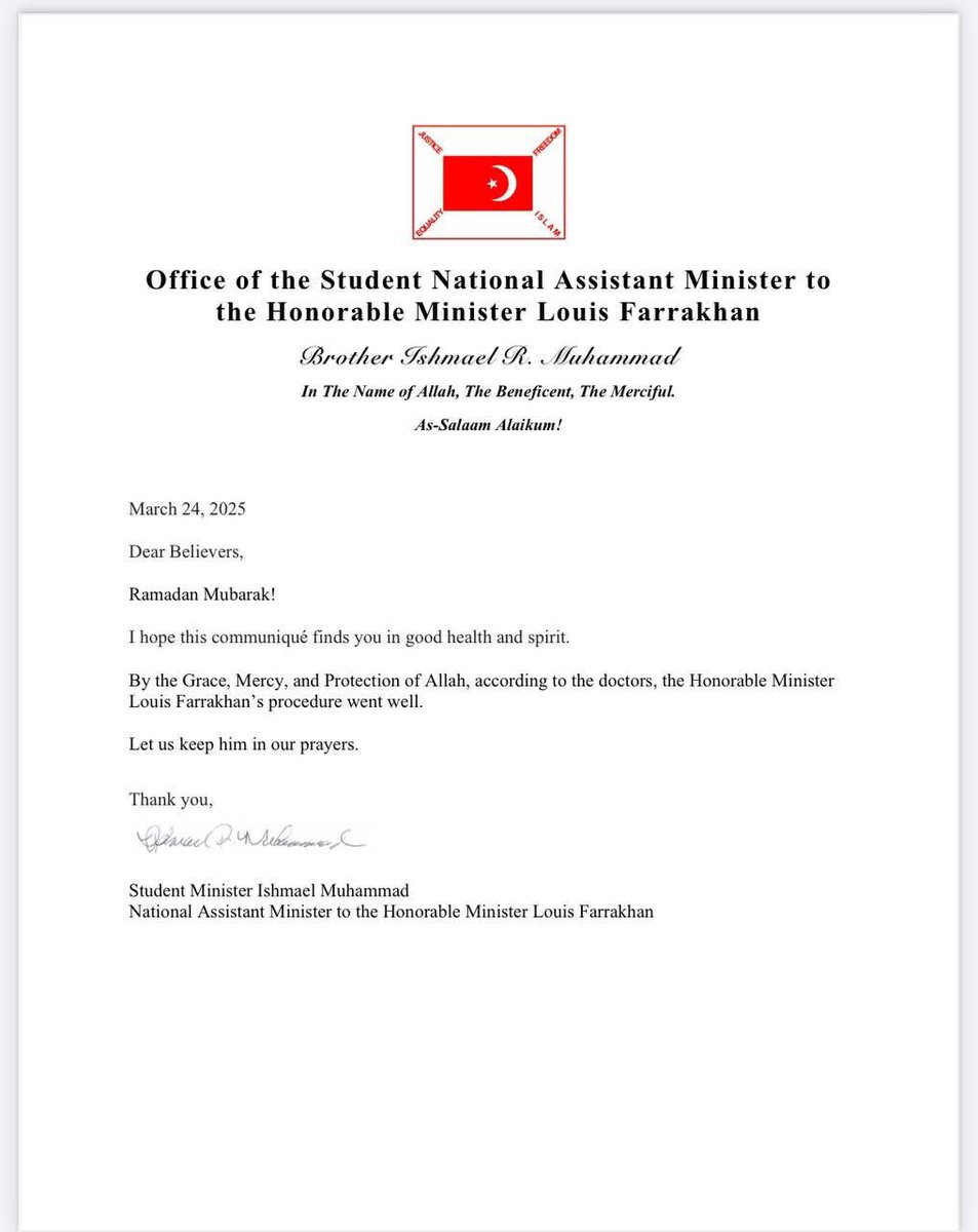 Minister Farrakhans <a href="/LouisFarrakhan/">THE HONORABLE MINISTER LOUIS FARRAKHAN</a> procedure went well! Allah U Akbar (God is great)! Thank you for your prayers! ✊🏿☀️🌙⭐️