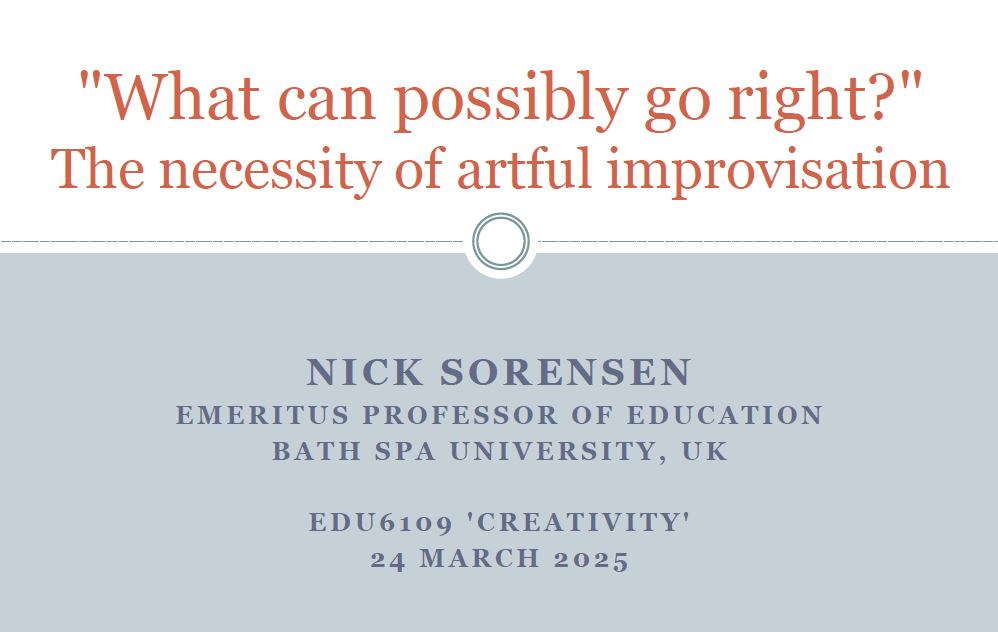 Eri Mountbatten-O'Malley (PhD, FHEA) (@erimomalley) on Twitter photo What an absolute joy having Professor Nick Sorensen in as guest lecturer for my Creativity, Society & Culture students. Nick spoke about his model for improv in education: #noticing #adapting #dialoguing #connecting
#artful #improvisation #education <a href="/BathSpaUni/">Bath Spa University</a> What an absolute joy having Professor Nick Sorensen in as guest lecturer for my Creativity, Society & Culture students. Nick spoke about his model for improv in education: #noticing #adapting #dialoguing #connecting
#artful #improvisation #education <a href="/BathSpaUni/">Bath Spa University</a>