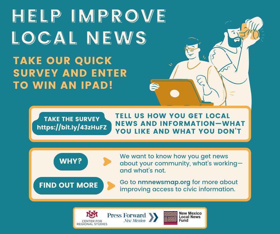 📢 Help shape the future of local news in New Mexico! 📰
Take the NM Community Info Needs Survey — it only takes 10 mins &amp; you could win an iPad! 📱
Your voice = stronger, more equitable news access.
👉 Take it now: nmnewsmap.org/for_residents/…
#LocalNews