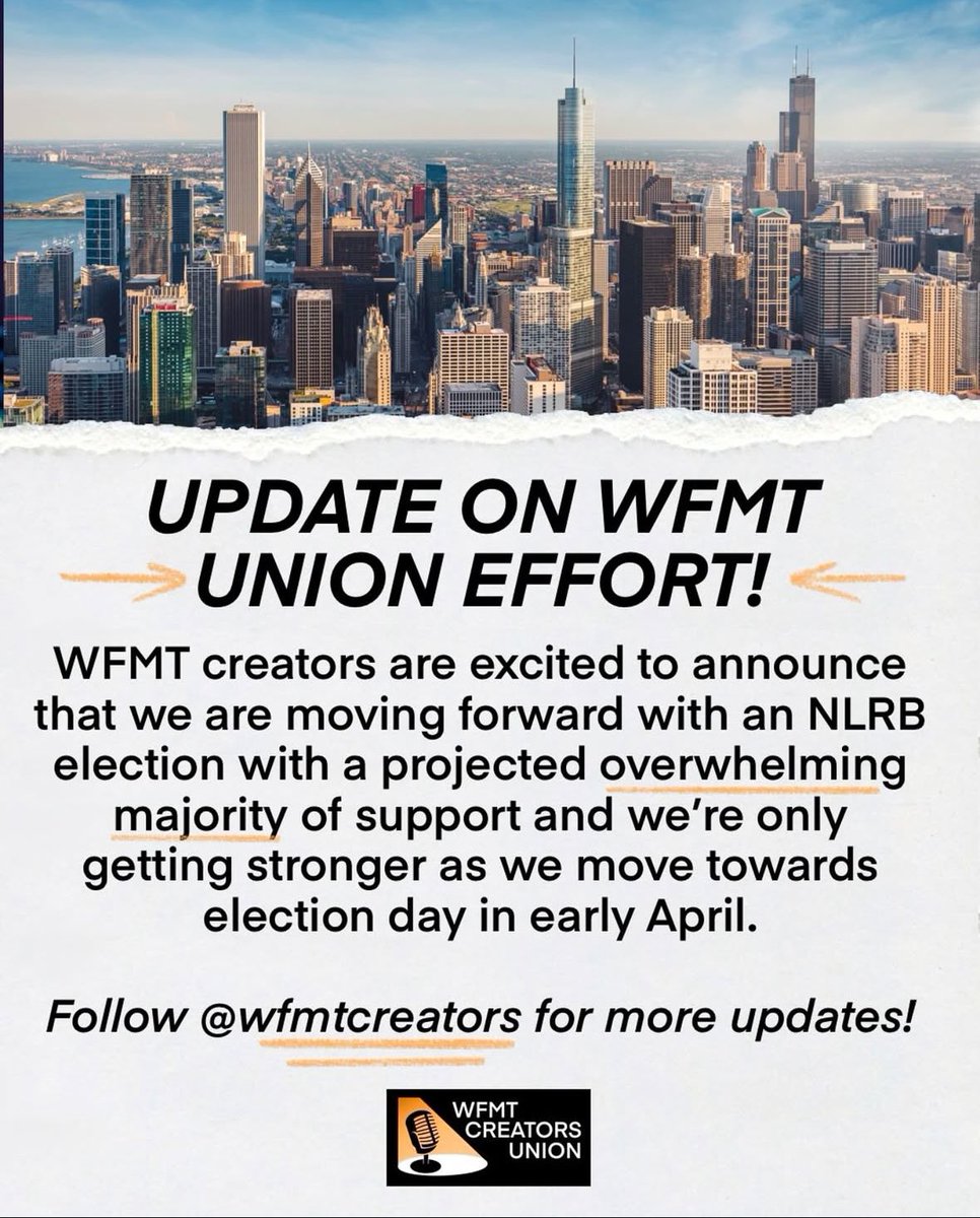 ELECTION TIME ‼️🗳️WFMT creators are moving forward with an NLRB election and our support is STRONG 💪 we’ll be sharing more in the days ahead, so follow <a href="/wfmtcreators/">WFMT Creators</a> for more info💥 

#union #classicalmusic #election #broadcasting #radiostation <a href="/sagaftra/">SAG-AFTRA</a> <a href="/chicagolabor/">Chicago Federation of Labor</a> <a href="/NLRB/">NLRB</a>