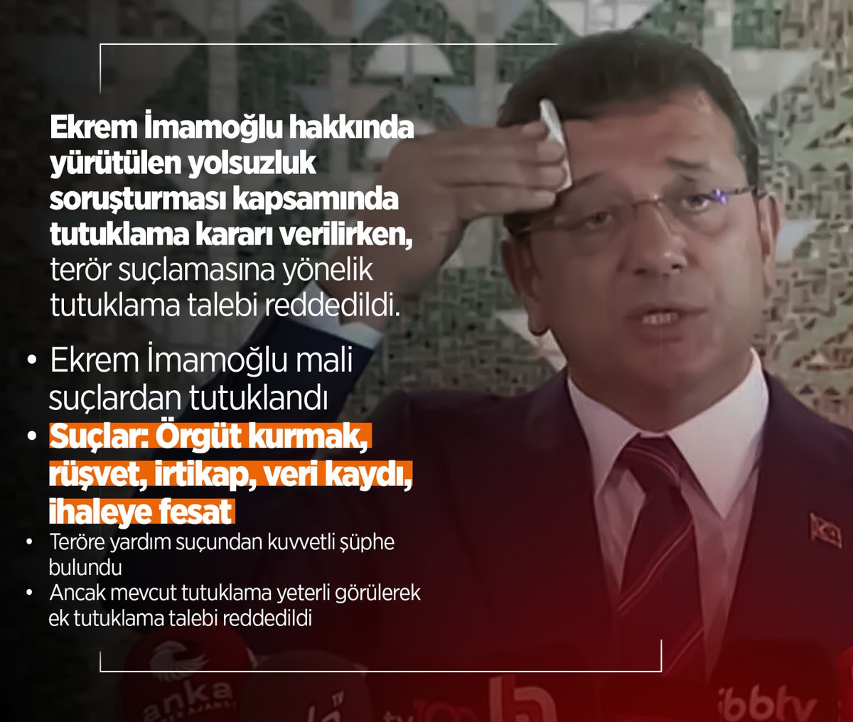 Ekrem İmamoğlu hakkında yürütülen yolsuzluk soruşturması kapsamında tutuklama kararı verilirken, terör suçlamasına yönelik tutuklama talebi reddedildi.
#NitelikliDolandırıcılık