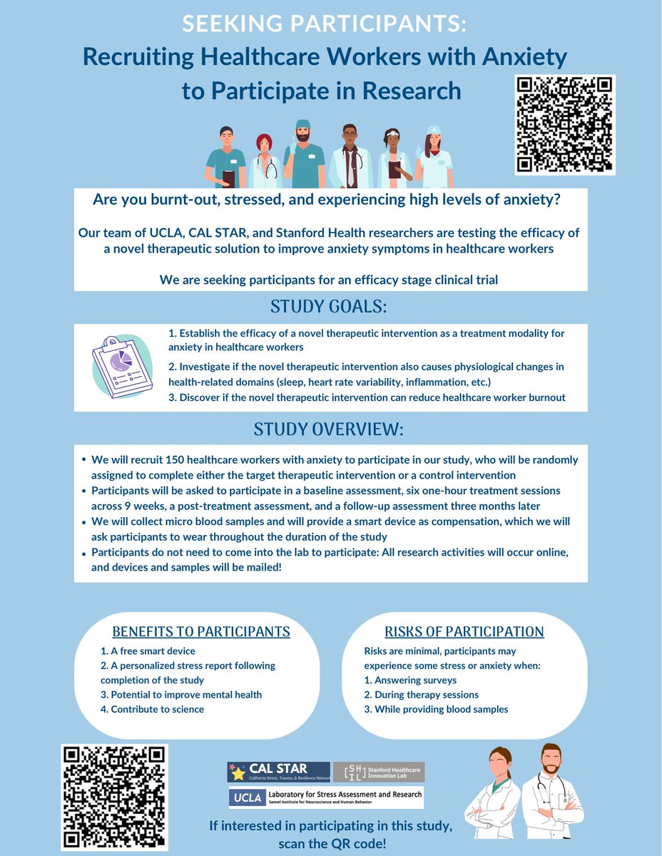 CAL STAR Network (@calstarnetwork) on Twitter photo Are you a #healthcare worker experiencing #anxiety? 🌟
<a href="/UCLAStressLab/">UCLA Stress Lab</a> is leading an important #research study exploring innovative approaches to managing anxiety with the goal to support healthcare workers' #mentalhealth.
To participate: tinyurl.com/UCLACalmER Are you a #healthcare worker experiencing #anxiety? 🌟
<a href="/UCLAStressLab/">UCLA Stress Lab</a> is leading an important #research study exploring innovative approaches to managing anxiety with the goal to support healthcare workers' #mentalhealth.
To participate: tinyurl.com/UCLACalmER