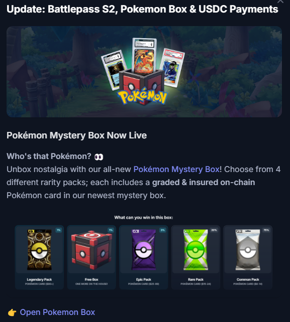 ao_padrao's tweet photo. Are you ready for some nostalgia? 🎉

The Pokémon Mystery Box is now LIVE on @gam3sgg ! Open your box, choose from 4 rarity packs, and claim a graded & insured on-chain Pokémon card – from Common to Legendary!

Thousands of trainers are already unboxing. ARE YOU IN?

Join the fun now: https://t.co/m7qbFonSvL

#PokémonMysteryBox #GAM3SGG #PokémonCards #NFTCollectibles #MysteryBox #PlayToEarn #GameFi #PokémonNFTs
