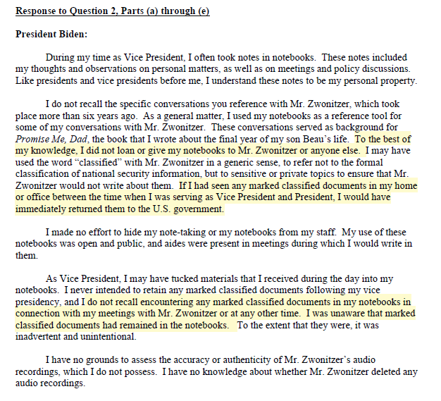 Techno_Fog's tweet image. We have President Biden's written answers to Special Counsel Hur.
Material answers highlighted.
Leaves little doubt he lied, though prosecuting those lies would have been another matter.