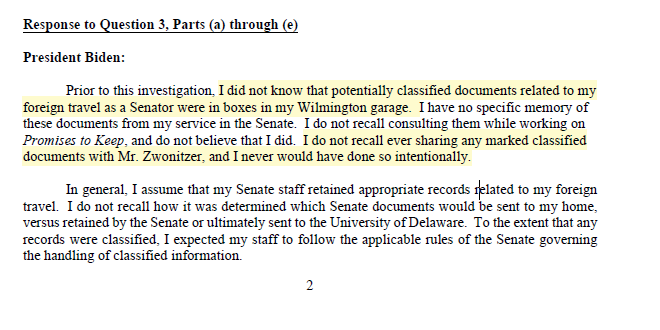 Techno_Fog's tweet image. We have President Biden's written answers to Special Counsel Hur.
Material answers highlighted.
Leaves little doubt he lied, though prosecuting those lies would have been another matter.