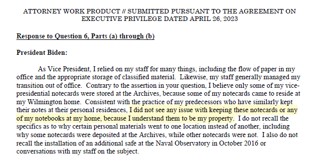Techno_Fog's tweet image. We have President Biden's written answers to Special Counsel Hur.
Material answers highlighted.
Leaves little doubt he lied, though prosecuting those lies would have been another matter.