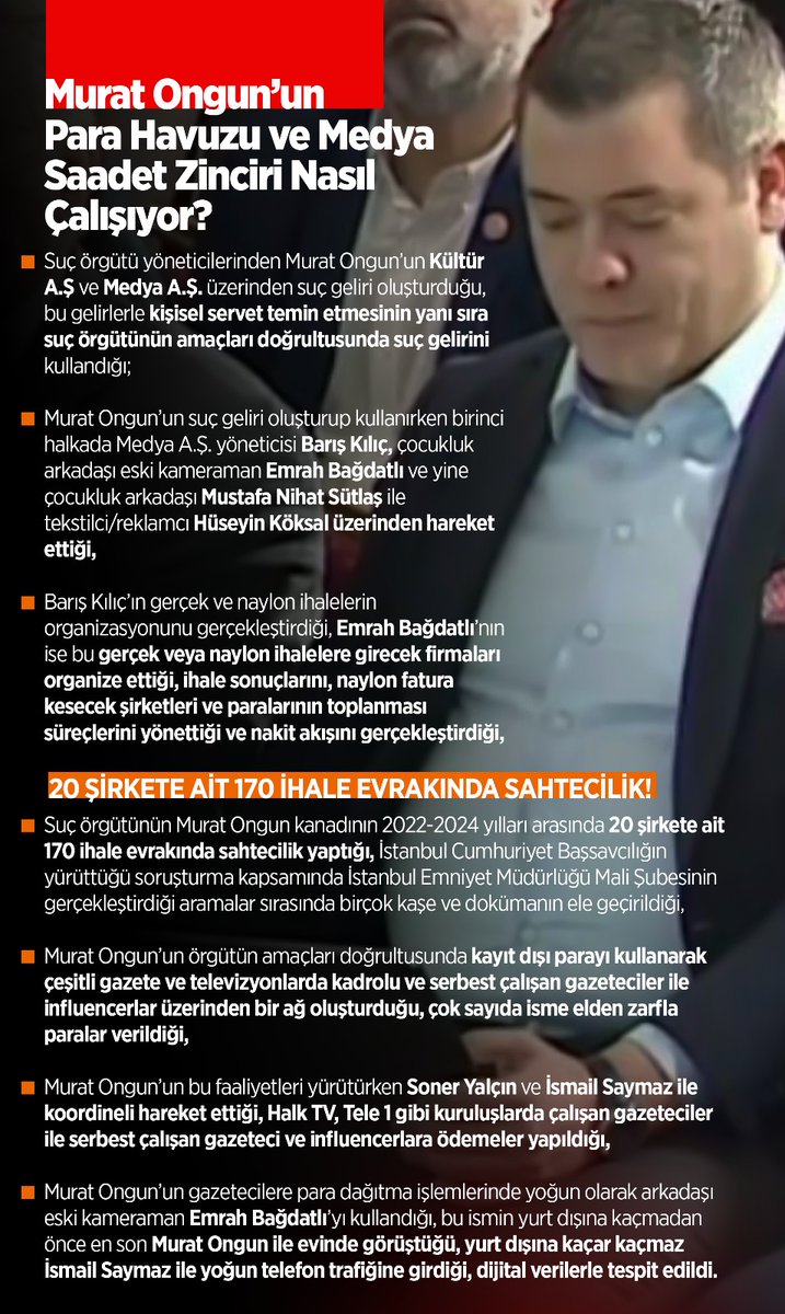 Murat Ongun’un elde ettikleri kayıt dışı parayı kullanarak çeşitli gazete ve televizyonlarda kadrolu ve serbest çalışan gazeteciler ile influencerlar üzerinden bir ağ oluşturduğu, çok sayıda isme elden zarfla paralar verildiği ortaya çıktı.

#NitelikliDolandırıcılık