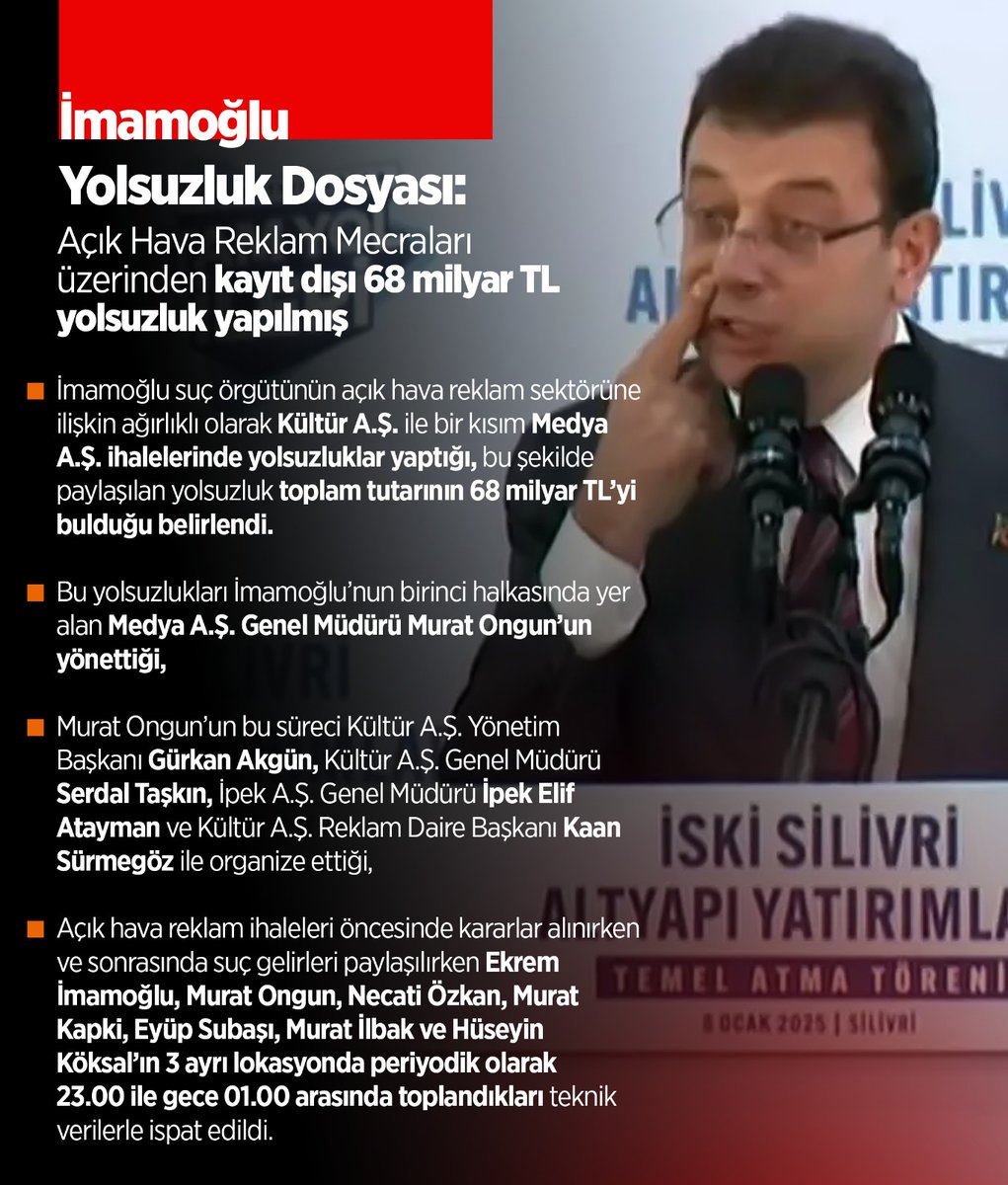 İmamoğlu suç örgütünün açık hava reklam sektörüne ilişkin ağırlıklı olarak Kültür A.Ş. ile bir kısım Medya A.Ş. ihalelerinde yolsuzluklar yaptığı, bu şekilde paylaşılan yolsuzluk toplam tutarının 68 milyar TL’yi bulduğu belirlendi.  #NitelikliDolandırıcılık