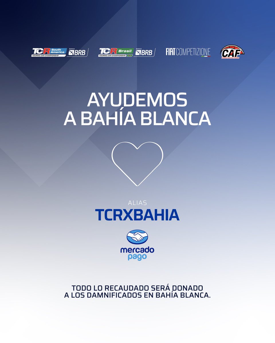 💙 TCR South America, Fiat Competizione y CAF  se unen a la iniciativa solidaria para ayudar a los damnificados por la tormenta en Bahía Blanca. ¡Vos también podés colaborar! 🙌

🔹 Donaciones: Podés aportar a través de Mercado Pago con el alias TCRXBAHIA. 
🔹 Rifa solidaria: