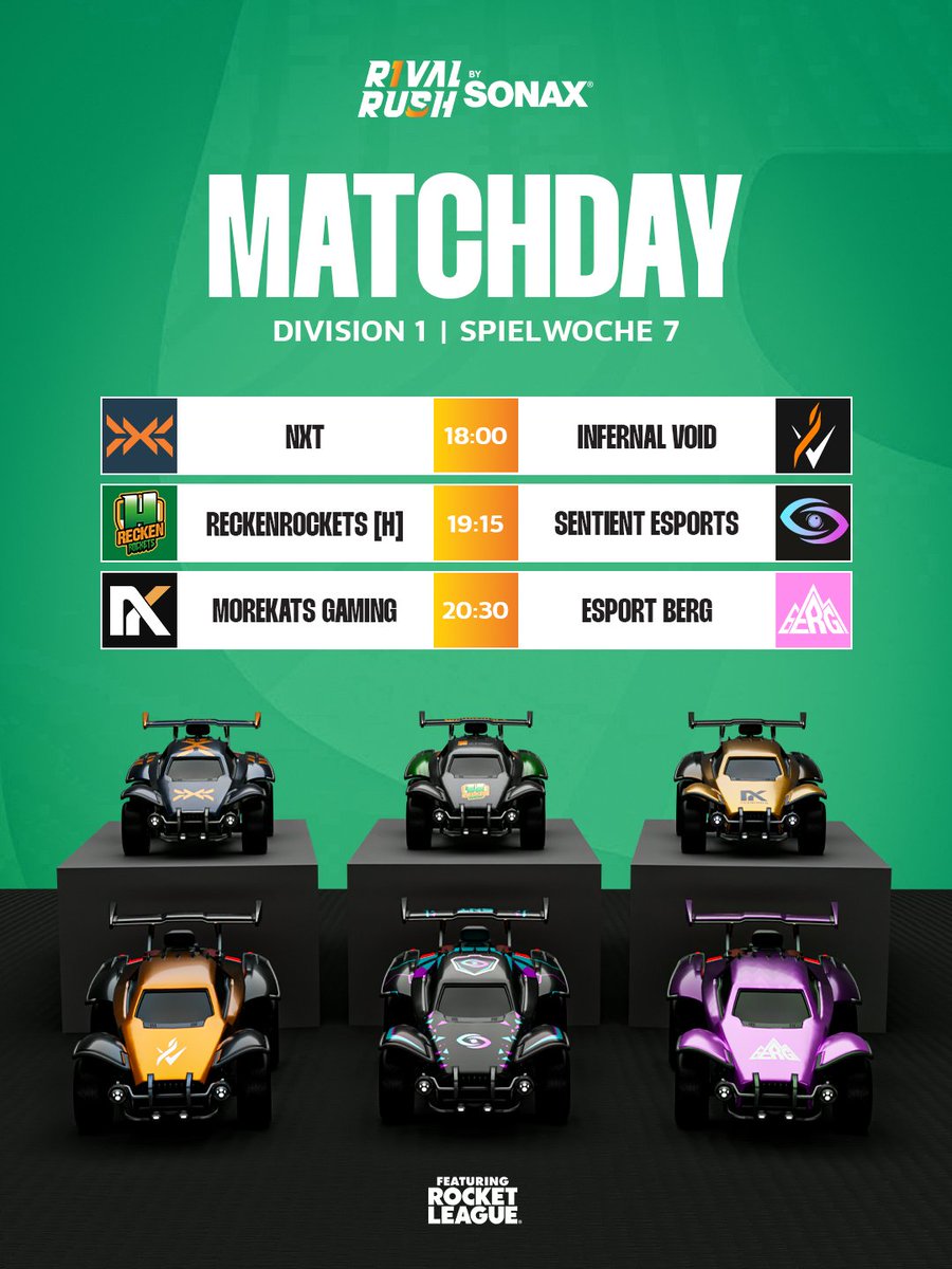 Wer sichert sich die wichtigen Punkte? 🤔

18:00 <a href="/GONXTGG/">NXT</a> vs <a href="/InfernalVoid_IV/">Infernal Void</a> 
19:15 <a href="/reckenrockets_h/">DIE RECKEN</a> vs <a href="/SentientEsport/">Sentient Esports</a> 
20:30 <a href="/Morekats/">Morekats Gaming</a> vs <a href="/esportBERG/">BERG</a> 

🔴 LIVE ab 17:45 Uhr