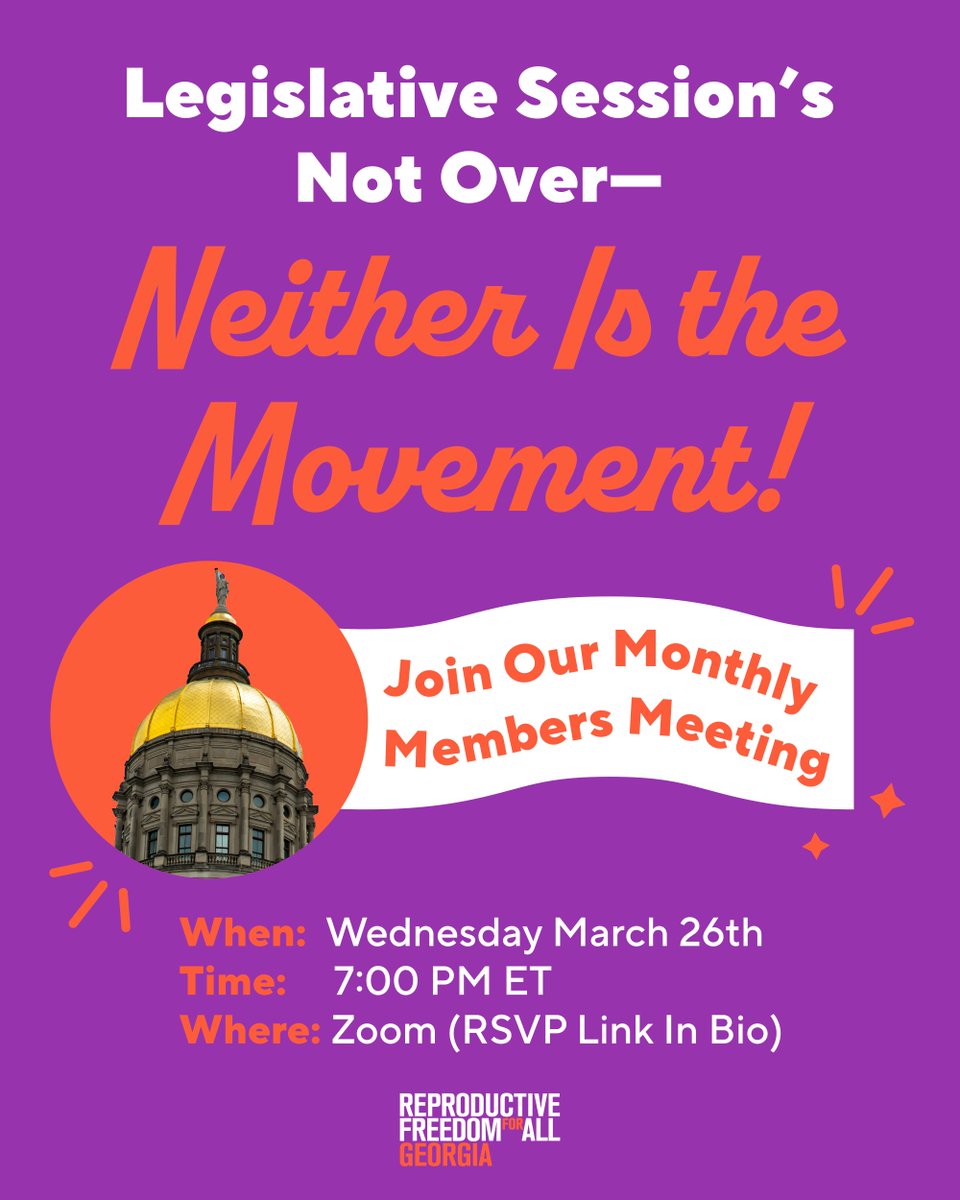 Ready to take action for reproductive freedom?

Start by joining our member meeting on Wednesday to connect with other Georgians, get updates on our work, and learn about upcoming opportunities to get involved. 💜

We'll see you there! events.reproductivefreedomforall.org/events/reprodu…