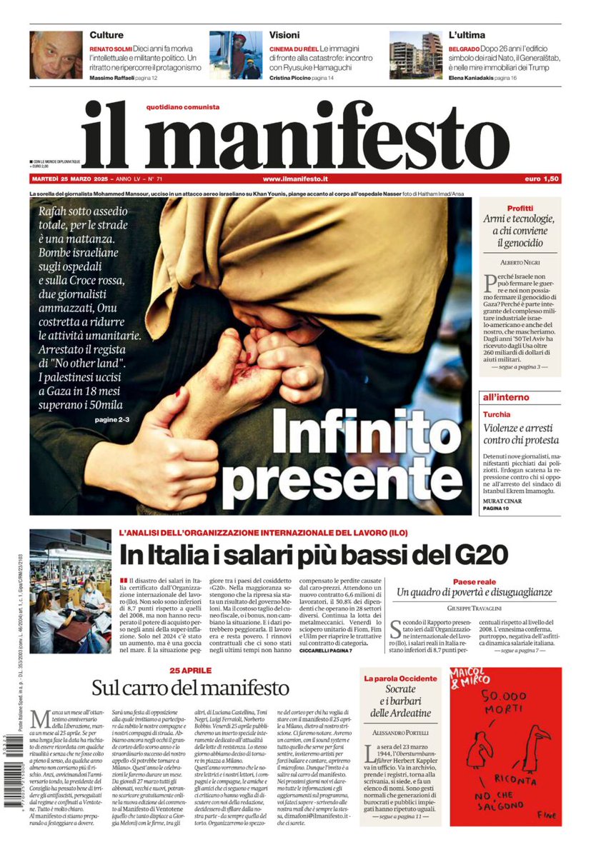 Rafah sotto assedio, per le strade è una mattanza. Bombe israeliane sugli ospedali e sulla Croce rossa, due giornalisti ammazzati, Onu costretta a ridurre le attività umanitarie.  Arrestato il regista di "No other land". I palestinesi uccisi a Gaza in 18 mesi superano i 50mila