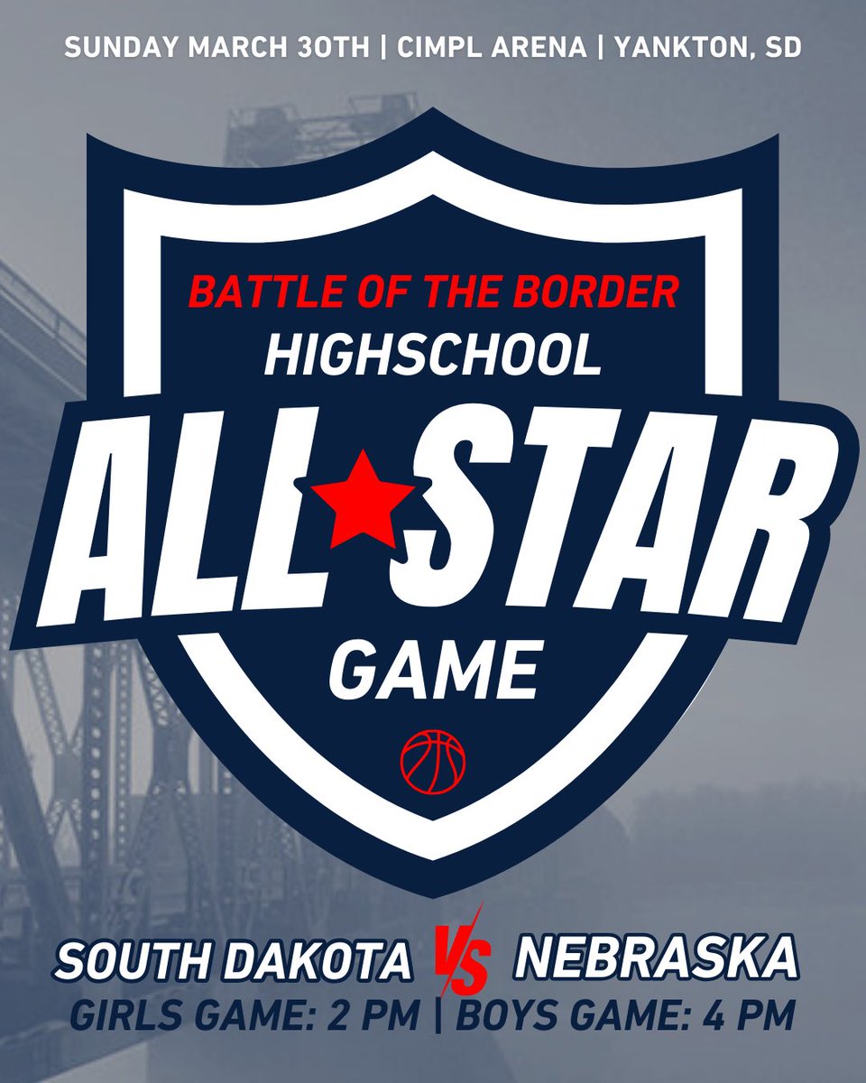 This Sunday, March 30th we will be hosting the Battle of the Border Highschool All-Star Game at Cimpl Arena! 

This event will be South Dakota vs Nebraska with the girls game starting at 2:00 PM and the boys game starting at 4:00 PM. 

We hope to see you there! ❤️🏀💙