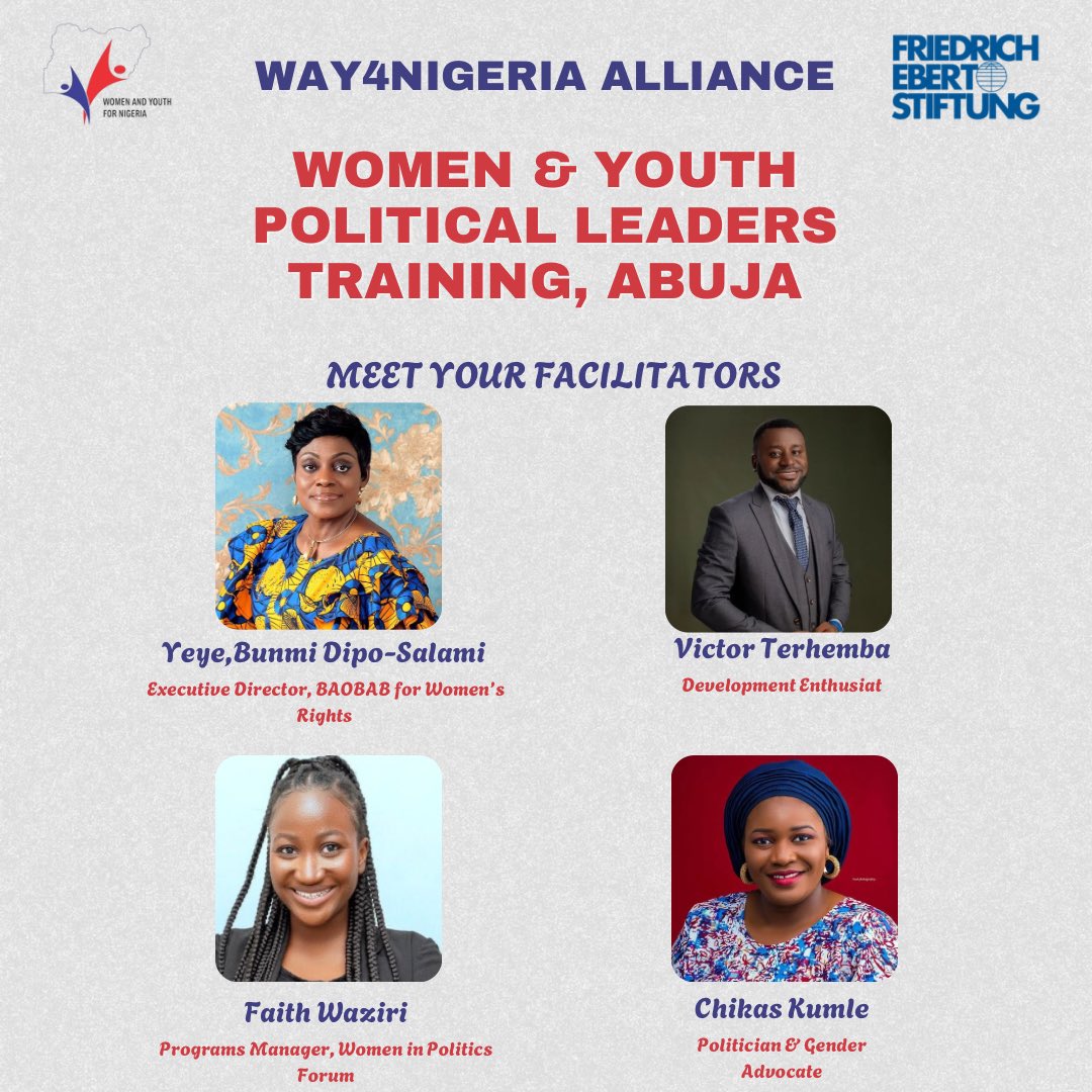 Meet our faculty of facilitators for Women &amp; Youth Political Leaders Training

1. Bunmi Dipo-Salami (<a href="/BunmiBDS/">Bunmi Dipo-Salami</a>)
2. Victor Terhemba (@victor_terhemba)
3. Chikas Kumle (<a href="/Chikaskumle/">Amb. Chikas Kumle</a>)
4. Faith Waziri (<a href="/onomwem/">Onomwem</a>) 
<a href="/fes_nigeria/">Friedrich-Ebert-Stiftung (FES) Nigeria</a> 

#Womeninpolitics #youthparticipation #womeninleadership