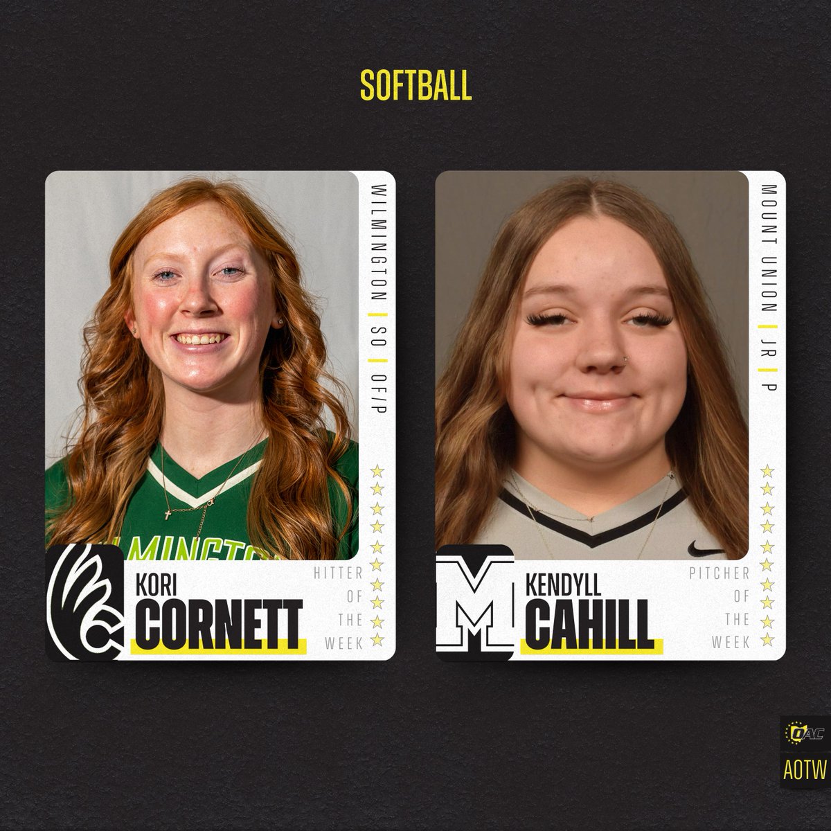 Ohio Athletic Conference (@ohathleticconf) on Twitter photo Athletes of the Week | Softball 🥎
Kori Cornett, <a href="/DubCQuakers/">Wilmington Athletics</a>
Kendyll Cahill, <a href="/purpleraiders/">Mount Union Purple Raiders</a>
#OAC | #d3softball Athletes of the Week | Softball 🥎
Kori Cornett, <a href="/DubCQuakers/">Wilmington Athletics</a>
Kendyll Cahill, <a href="/purpleraiders/">Mount Union Purple Raiders</a>
#OAC | #d3softball