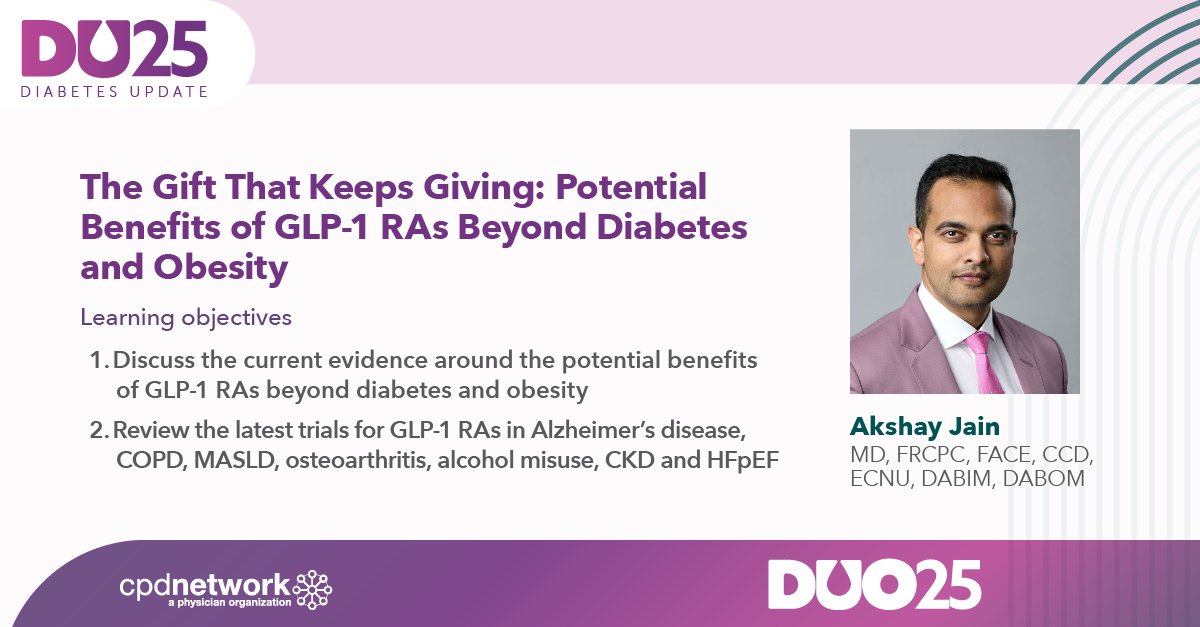 💡#GLP1RAs offer more than just #Diabetes and #Obesity management! Join Dr. Akshay Jain at #DiabetesUpdate on April 26 in Toronto &amp; virtual as he explores their potential benefits in #Alzheimers, #COPD, #CKD &amp; more. To learn more, register now! 🔗 duocongress.ca