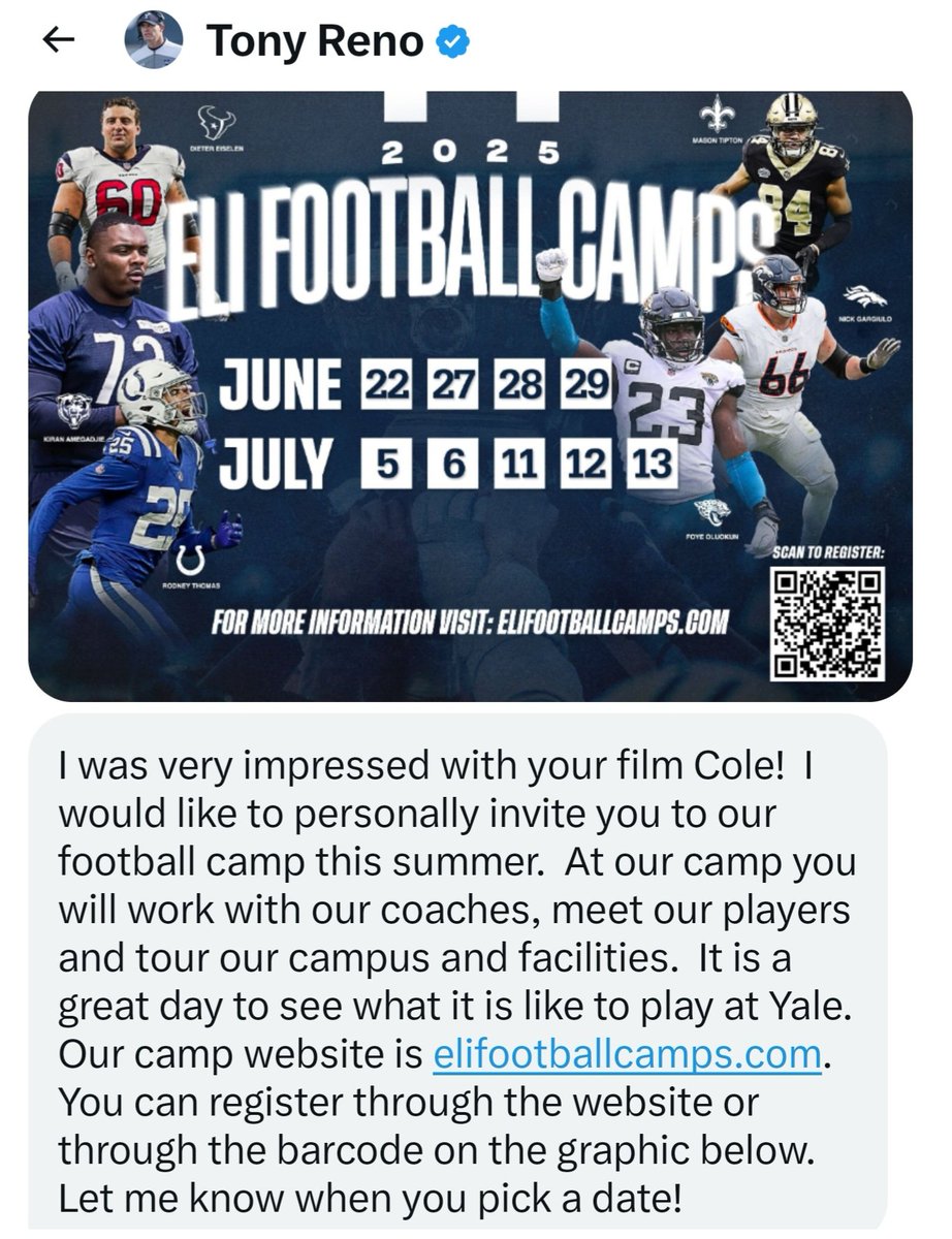 Cole Boyd 3⭐️ QB 2027 TX (@cole_boyd2027) on Twitter photo I appreciate the personal invite from the Head Football Coach <a href="/CoachRenoYale/">Tony Reno</a> to the PRESTIGIOUS <a href="/yalefootball/">Yale Football</a> camp this summer! <a href="/CoachZBirdwell/">Zach Birdwell</a> <a href="/Coach_RickSmith/">Rickey smith</a> <a href="/TiogaAthletics/">Tioga Athletics</a> @ClubTioga <a href="/PrepRedzoneTX/">Prep Redzone Texas</a> <a href="/QBHitList/">QBHitList.com</a> @On3Recruits <a href="/dctf/">Dave Campbell's — TexasFootball.com</a> <a href="/PierceHull43/">Pierce Hull</a> <a href="/Elite11/">Elite11</a> <a href="/ScottRapp17/">Scott Rapp</a> I appreciate the personal invite from the Head Football Coach <a href="/CoachRenoYale/">Tony Reno</a> to the PRESTIGIOUS <a href="/yalefootball/">Yale Football</a> camp this summer! <a href="/CoachZBirdwell/">Zach Birdwell</a> <a href="/Coach_RickSmith/">Rickey smith</a> <a href="/TiogaAthletics/">Tioga Athletics</a> @ClubTioga <a href="/PrepRedzoneTX/">Prep Redzone Texas</a> <a href="/QBHitList/">QBHitList.com</a> @On3Recruits <a href="/dctf/">Dave Campbell's — TexasFootball.com</a> <a href="/PierceHull43/">Pierce Hull</a> <a href="/Elite11/">Elite11</a> <a href="/ScottRapp17/">Scott Rapp</a>