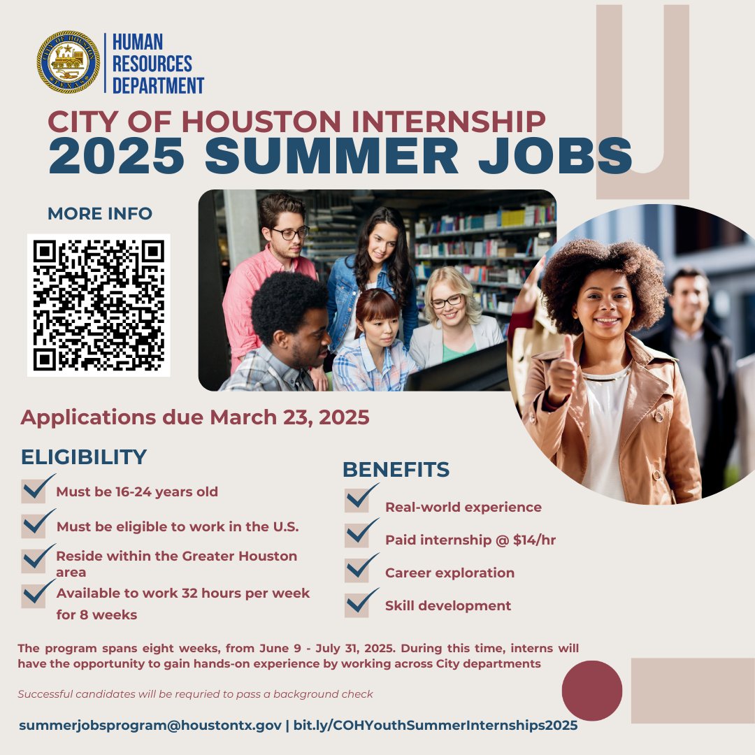 Interested in learning and working in your local government? The 2025 City of Houston Summer Jobs Program application is now OPEN!
Applications close March 31st so don’t miss out!
For more info go to: bit.ly/COHYouthSummer…