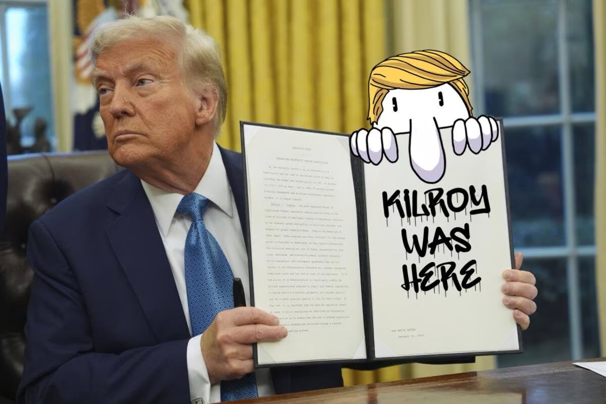 Kilroy_SOL's tweet photo. "Kilroy Was Here," popularized in WWII, likely originated with James J. Kilroy, a Quincy, Massachusetts, shipyard inspector who marked his work with the phrase. American soldiers adopted it, spreading it as a symbol of their presence. https://t.co/7xEcqnQs9D