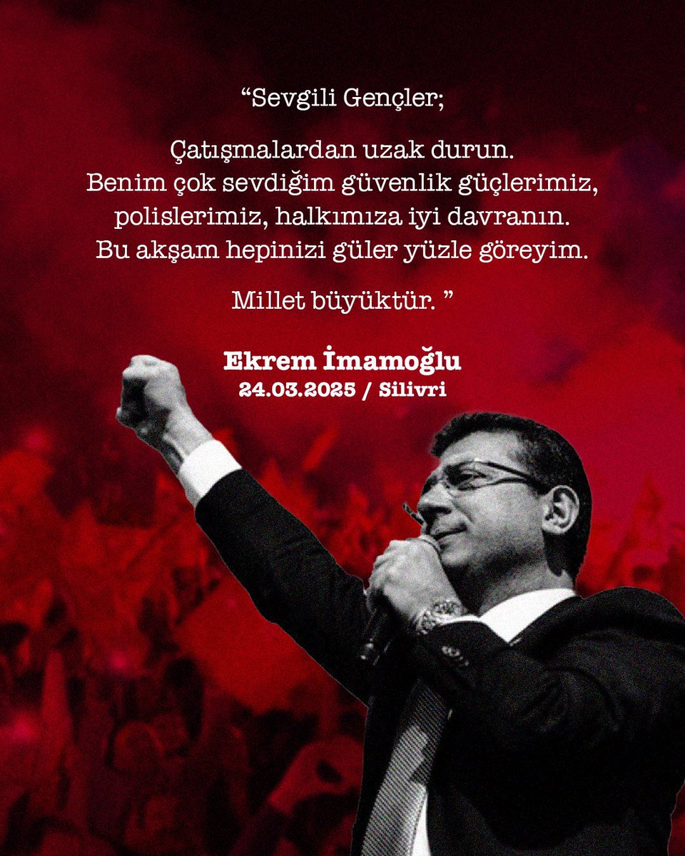 19 Mart’tan bu yana Saraçhane’de büyük bir mücadele sürecini yürüyoruz. Cumhuriyet Halk Partisi olarak tüm yöneticilerimizle, vekillerimizle ve Gençlik Kollarımızla 19 Mart’tan bu yana alandayız.

Anayasal protesto hakkını kullanan genç arkadaşlarımızı ne yazık ki güvenlik