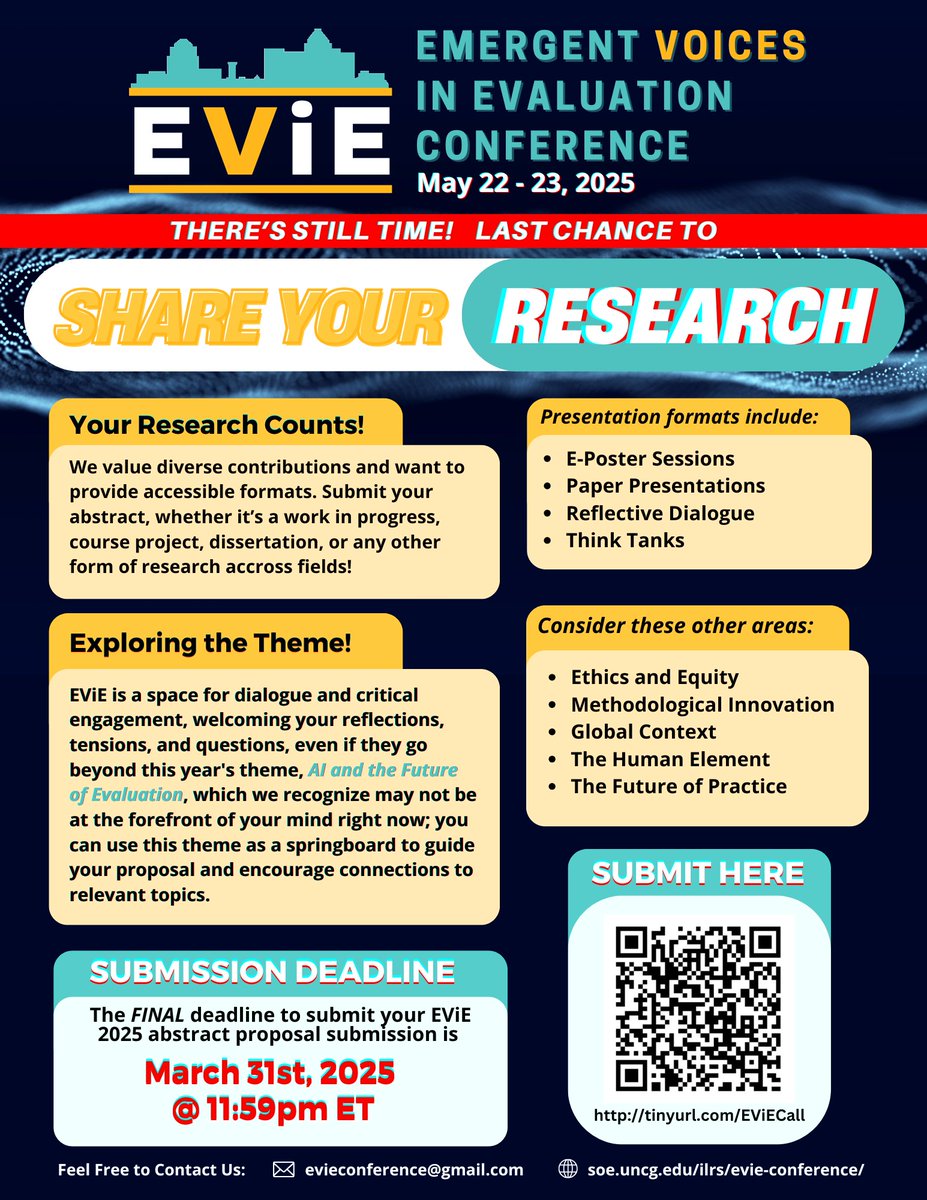 📣 Last and Final Call for EViE 2025 Proposals! 📣

What research can you share? We know your current research interests or focus might be elsewhere, and we welcome your proposals even if they don't fit neatly into this year's theme surrounding AI and the Future of Evaluation