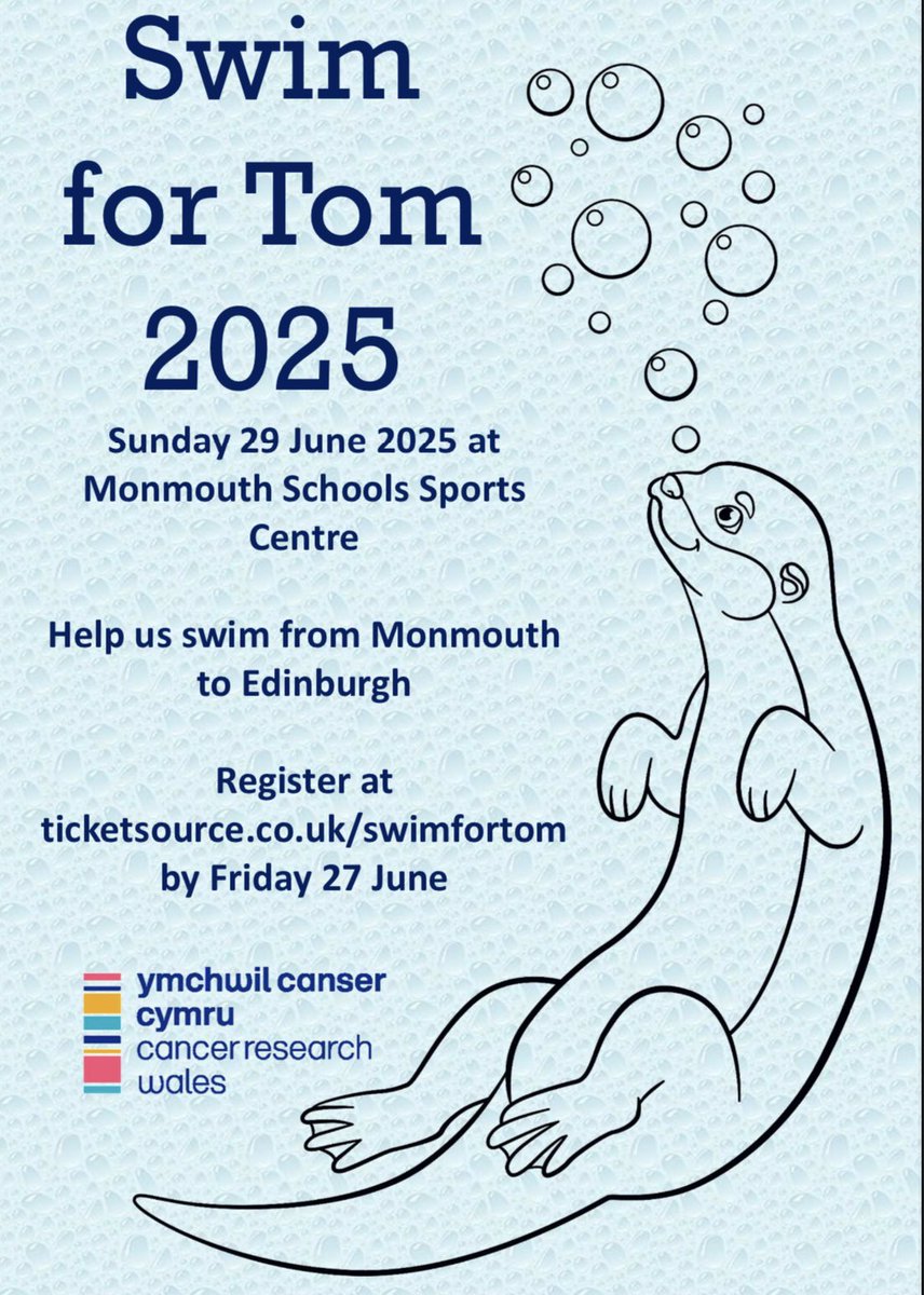 Swim for Tom is back for 2025! Help us swim the equivalent distance from Monmouth to Edinburgh and raise money for The Tom Walker Fund at Cancer Research Wales. Everyone is welcome - if you are a swimmer or fancy lane counting, please get involved! Link in bio! #swimfortom