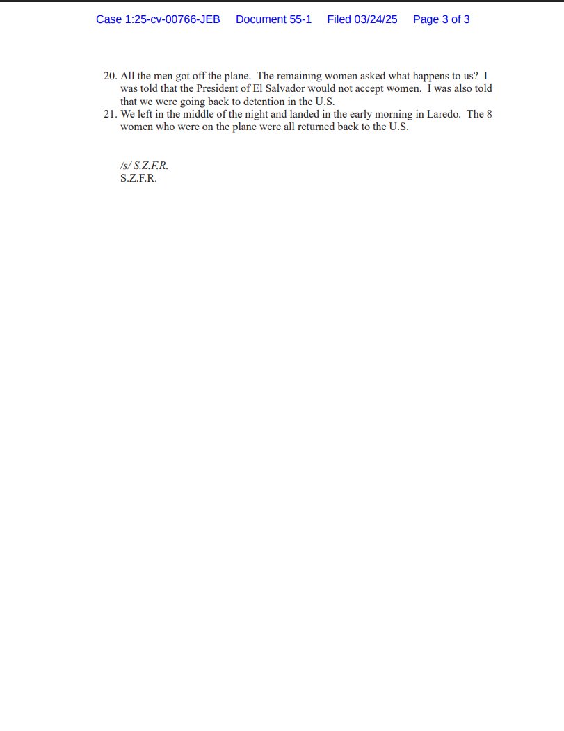 NEW: The ACLU has filed a sworn declaration from a Venezuelan woman who ICE sought to turn over to El Salvador under the Alien Enemies Act, who says she heard ICE officials on the plane talking about the court order which had been issued telling them to turn the plane around.