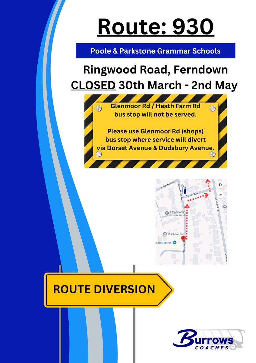 Poole &amp; Parkstone Grammar School: Route 930 will have a short diversion from 30th March - 2nd May 2025. 
This is due to SGN roadworks. 

Glenmoor Road / Heath Farm Road bus stop will NOT be served. 

Please join the bus outside Glenmoor Road shop.

RideBurrows.com