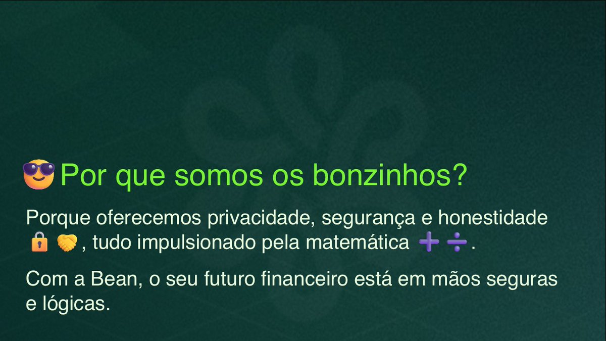 Bloombeans_Pr's tweet photo. Por que somos os bonzinhos?
Porque oferecemos privacidade, segurança e honestidade 🔒🤝, tudo impulsionado pela matemática ➕➗.
Com a Bean, o seu futuro financeiro está em mãos seguras e lógicas. https://t.co/E2uJehOU8Y