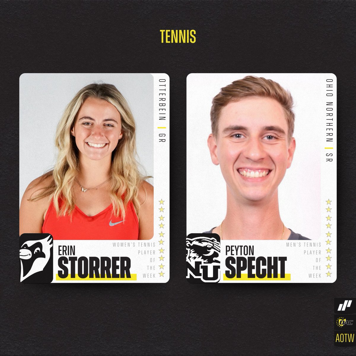 Midstream Lighting Athletes of the Week | Tennis 🎾 

Erin Storrer, <a href="/Ott_Athletics/">Otterbein Athletics</a>
Peyton Specht, <a href="/ONUsports/">Ohio Northern Sports</a> 

#OAC | #d3tennis |<a href="/MidstreamLED/">Midstream Lighting</a>