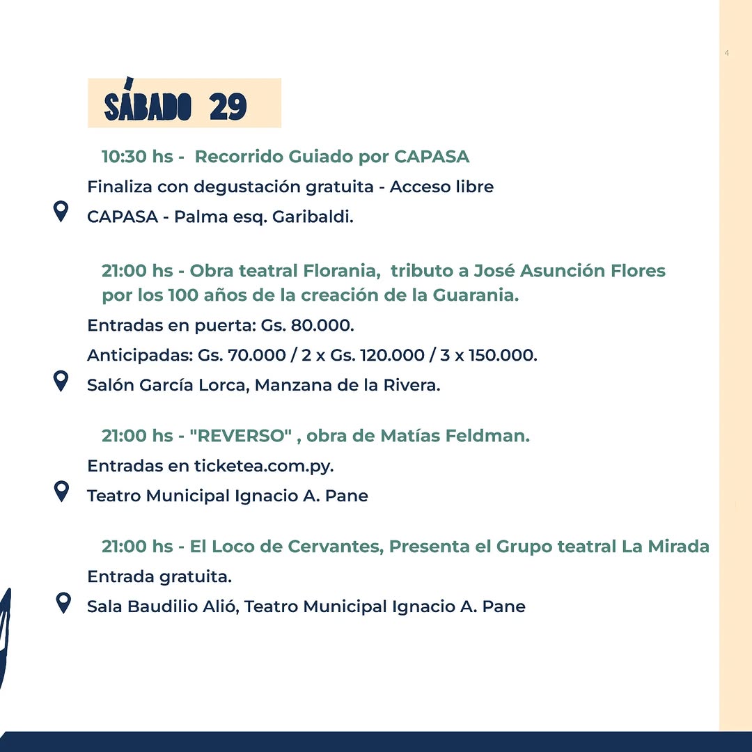 📢 ¡Agenda cultural de #AsuCulturaYTurismo! ✨

🎭 Teatro, 🎶 Música y 🏛️ recorridos guiados te esperan para disfrutar lo mejor de la cultura y el turismo en Asunción. 🌟

📍 Consultá la agenda completa y planificá tu semana con nosotros. 🎟️📲