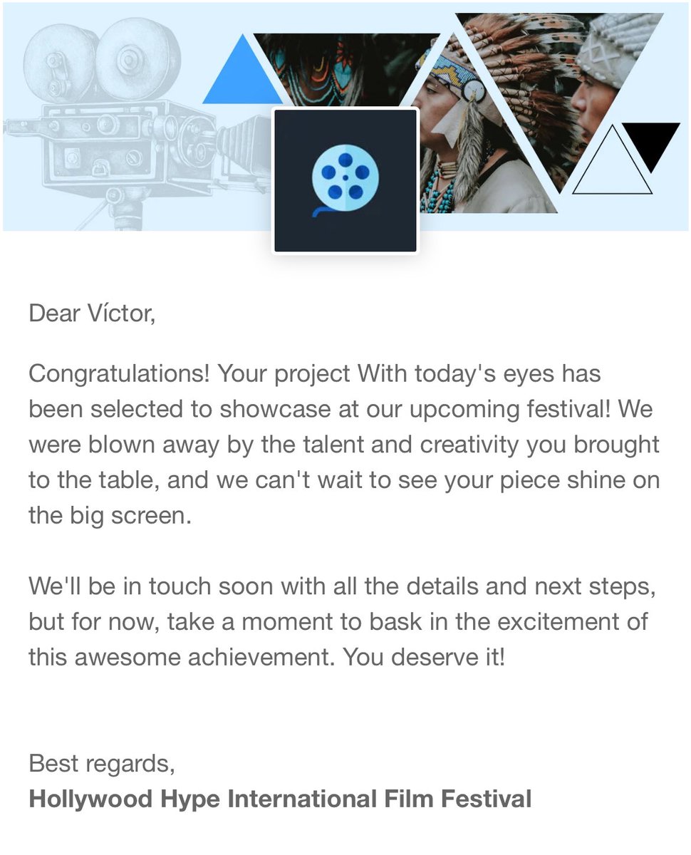 ¡Felicidades! ¡Su proyecto <a href="/conlosojosdehoy/">ConLosOjosDeHoy</a> ha sido seleccionado para exhibirlo en nuestro próximo festival! Nos quedamos impresionados por el talento y la creatividad que trajiste a la mesa, y no podemos esperar a ver tu pieza brillar en la pantalla grande. ¡Te lo mereces!