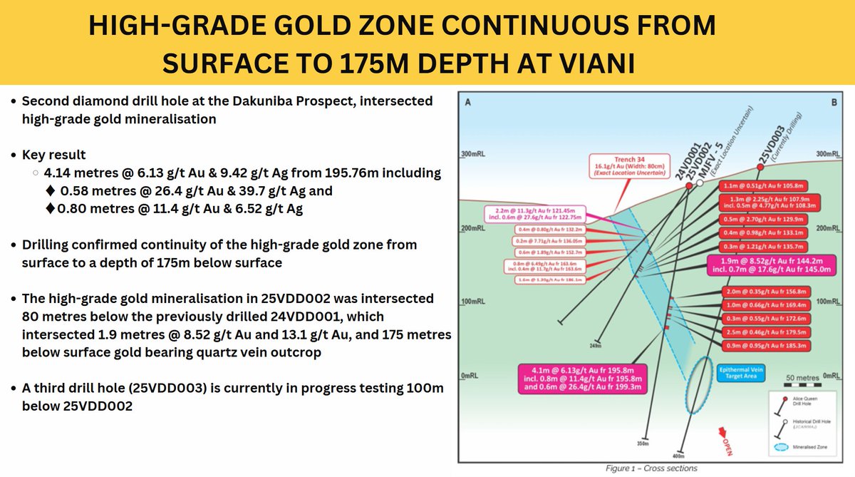 High-grade epithermal #gold mineralisation, up to 26.4g/t Au intersected in the second diamond hole, 25VDD002, at our Viani Project in Vanua Levu, Fiji. Third drill hole in progress.

Read more: tinyurl.com/5h7n2xjw

$AQX