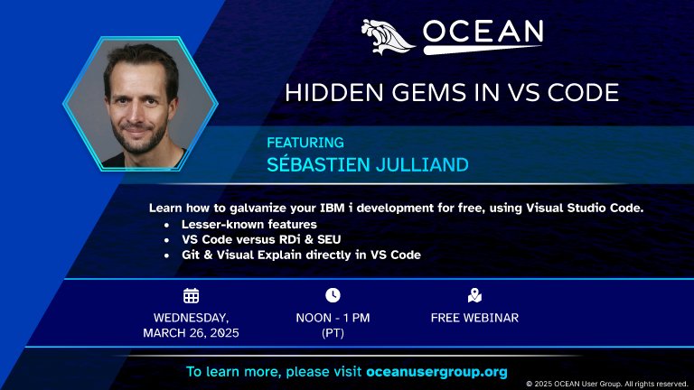 Unlock the Hidden Gems of #VSCode for IBM i! #IBM Champion Sébastien Julliand will show how VS Code, with the Code for #IBMi extension, surpasses both RDi &amp; SEU, plus you'll learn how to leverage #Git &amp; #VisualExplain in your favorite #IDE!  Register: attendee.gotowebinar.com/register/75956…