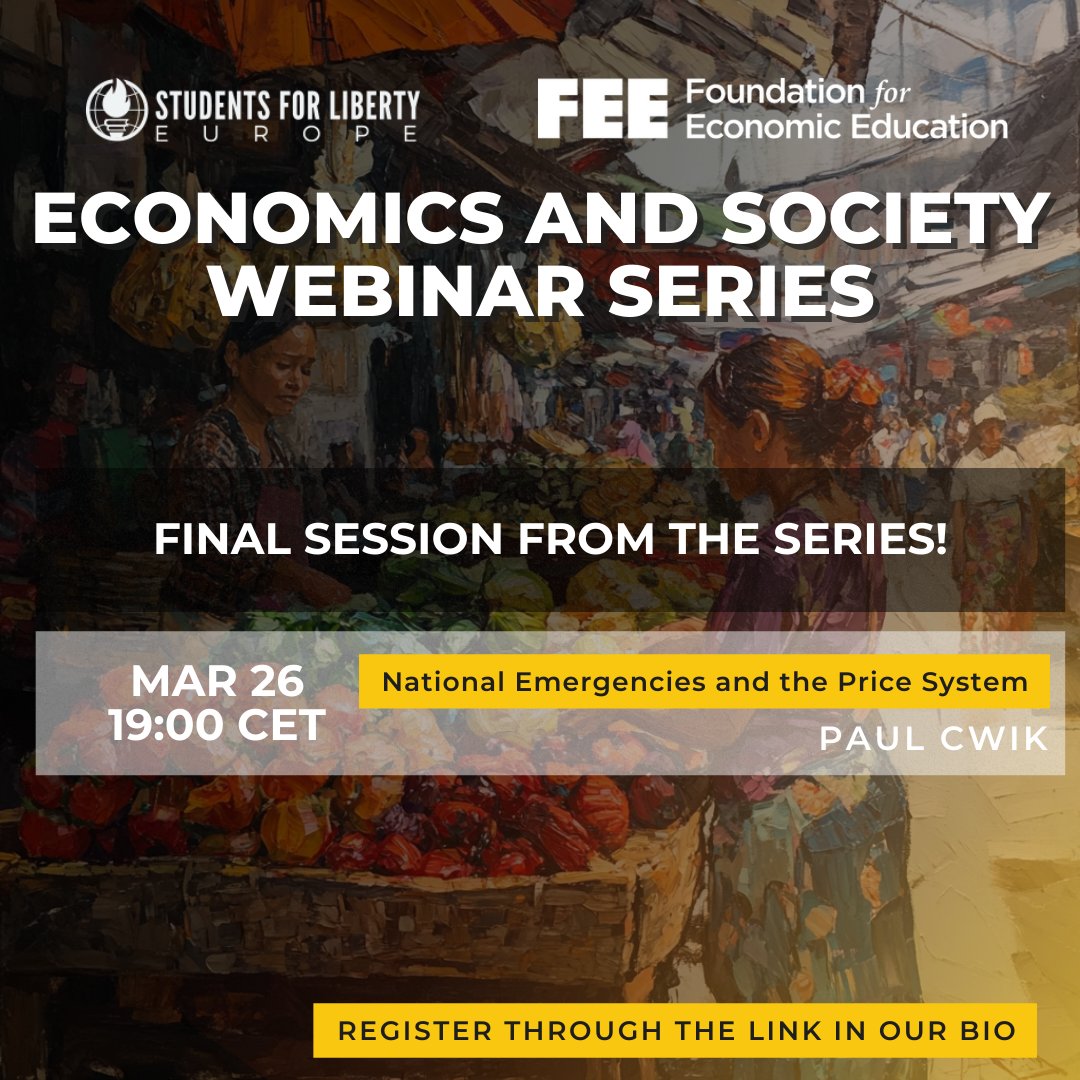 European Students For Liberty (@esfliberty) on Twitter photo In the final webinar from our series with <a href="/feeonline/">Foundation for Economic Education</a>, we are discussing the price system under emergencies with Paul Cwik. Is price gauging immoral? 🧐
Join us on Wednesday at 7pm CET/2pm ET to find out! The link to join is in our bio. In the final webinar from our series with <a href="/feeonline/">Foundation for Economic Education</a>, we are discussing the price system under emergencies with Paul Cwik. Is price gauging immoral? 🧐
Join us on Wednesday at 7pm CET/2pm ET to find out! The link to join is in our bio.