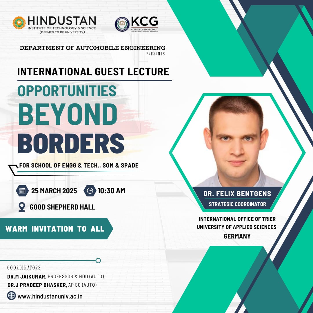 AutodeptHits's tweet image. &quot;Join us for an exclusive Lecture to Explore Academic and Career Opportunities in Germany hosted by the Dept. of Automobile Engg, HITS on 25th March 10:30 A.M 
at Good shepherd Hall
Speaker: Dr. Felix Bentgens, Strategic Coordinator,Trier University of Applied Sciences, Germany.