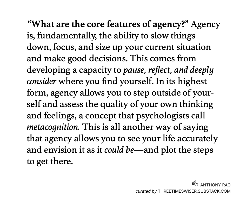 True agency is the art of stepping outside yourself, assessing where you are, and deliberately choosing where you want to be.

And making it happen.