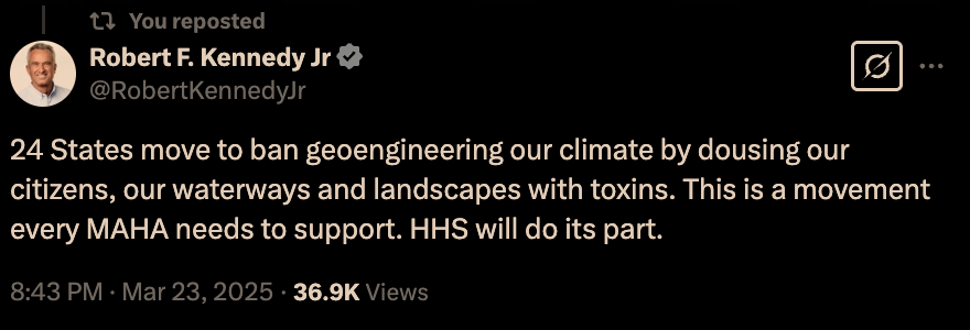 sayerjigmi's tweet photo. 4) After I shared the rising state-led momentum with @RobertKennedyJr, he issued a strong, public statement of support — and an executive-level commitment:

“24 States move to ban geoengineering our climate by dousing our citizens, our waterways and landscapes with toxins. This is a movement every MAHA needs to support. HHS will do its part.”

— HHS Secretary Robert F. Kennedy Jr. 🇺🇸

🗞️ More details here: Executive Momentum is Building: RFK Jr. Signals Support for State-Led Geoengineering Bans':
https://t.co/4vAICyzSdw
This is how real policy change begins. 🛡️