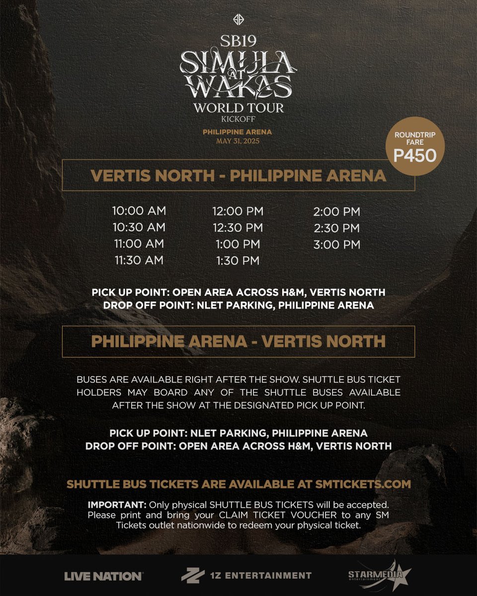 livenationph's tweet photo. 🚌 SHUTTLE ALERT! 🚌

Heads up, A'TIN! Secure your ride to the Philippine Arena for SB19's Simula at Wakas World Tour Kickoff! Shuttle bus tickets will be available for purchase at https://t.co/HCHUiNjNaW starting TOMORROW at 10 AM!

📆 May 31, 2025 | 7PM
📍 Philippine Arena https://t.co/lQufx3Jbnn