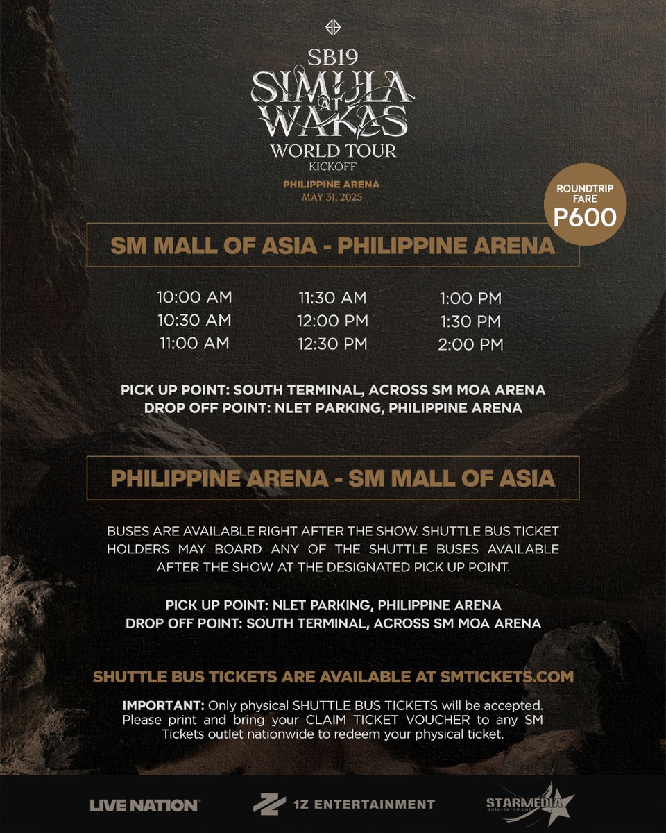 livenationph's tweet photo. 🚌 SHUTTLE ALERT! 🚌

Heads up, A'TIN! Secure your ride to the Philippine Arena for SB19's Simula at Wakas World Tour Kickoff! Shuttle bus tickets will be available for purchase at https://t.co/HCHUiNjNaW starting TOMORROW at 10 AM!

📆 May 31, 2025 | 7PM
📍 Philippine Arena https://t.co/lQufx3Jbnn