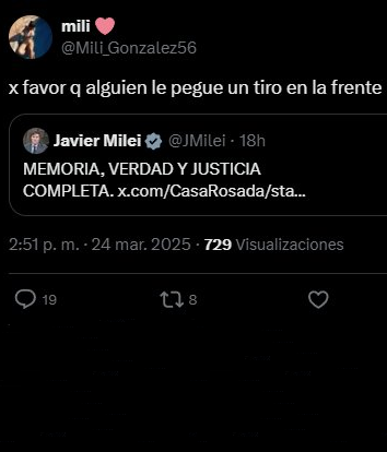 Domador___'s tweet photo. Así se vería una persona que quiere que le peguen un tiro al presidente. Adivino también que su nombre podría ser uno muy común, como Milagros Alejandra Gonzalez, y seguro sería de Misiones, mas específicamente de Eldorado-Itati

Se imaginan si esto tuviera como 44367295 visualizaciones? No habría empleo posible para esa persona